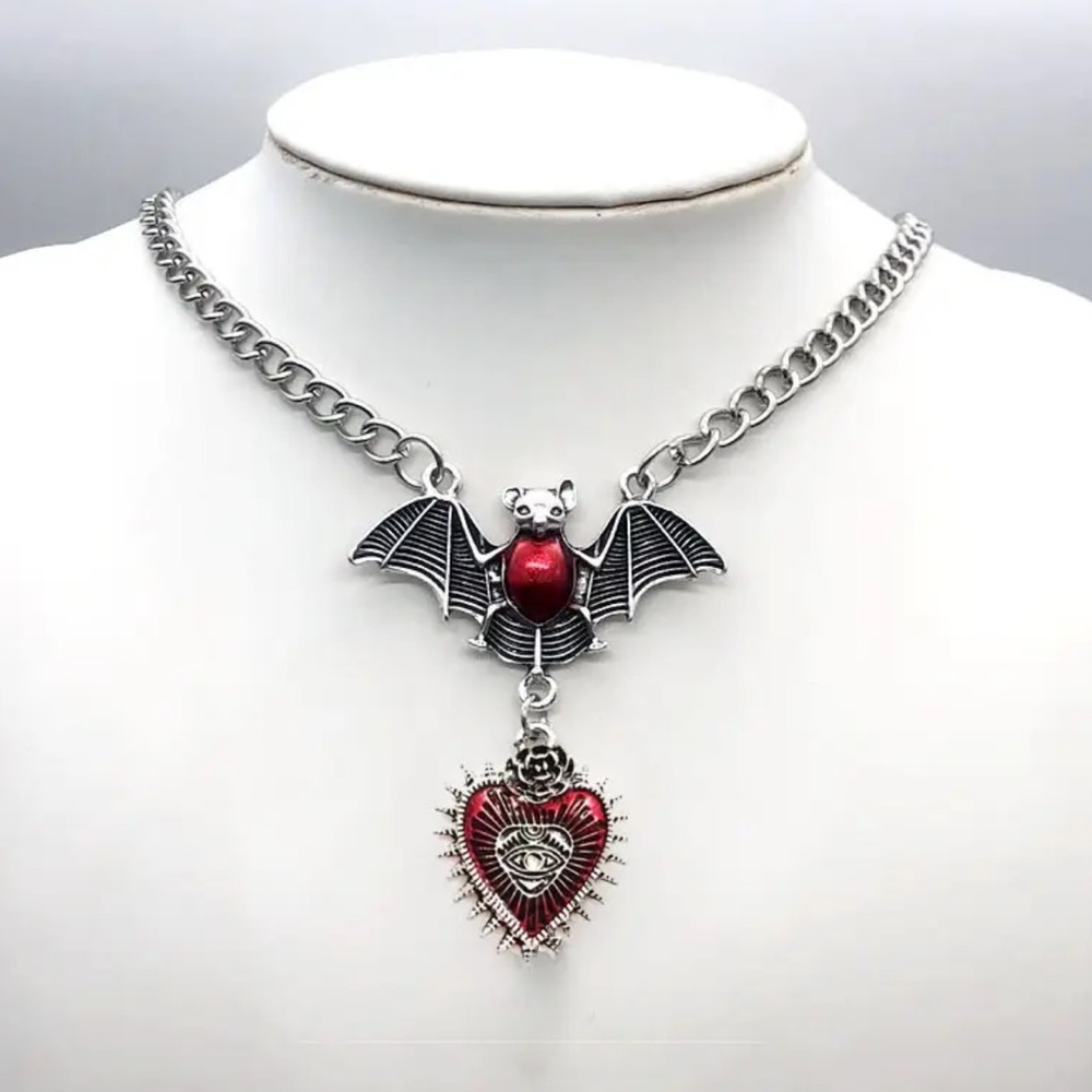 Women's Gothic Red Bat Wing & Devil's Eye Heart Pendant Necklace Lightweight